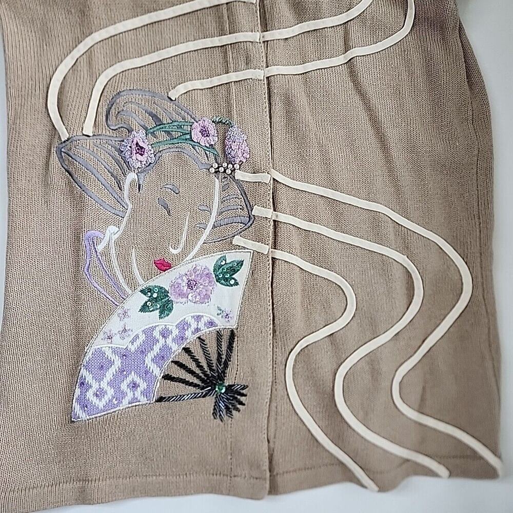 Storybook Knits M Asian Inspired Cardigan Purple Tan Geisha Fan Grandmacore - Picture 6 of 12